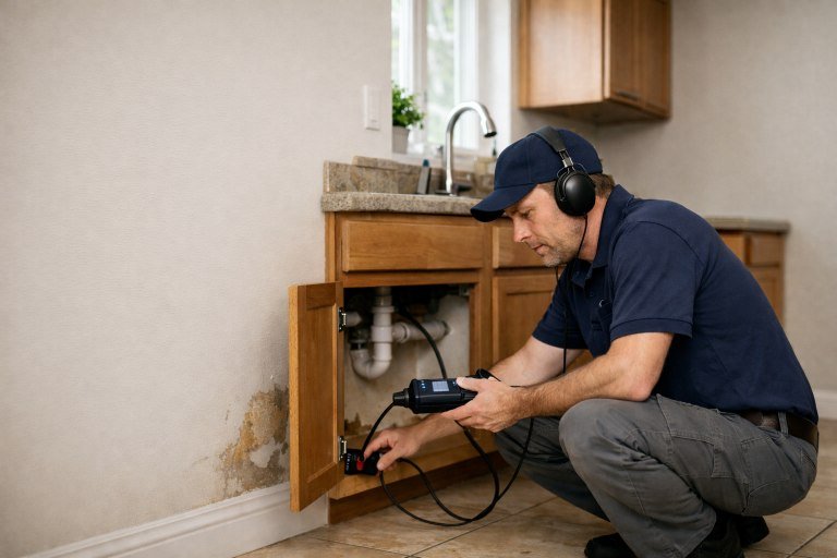 Leak detection technician inspecting a hidden water leak under a kitchen sink in a Tucson Arizona home