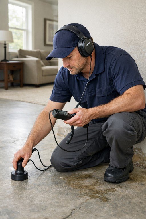 Technician performing water leak detection inside a Tucson home using electronic equipment