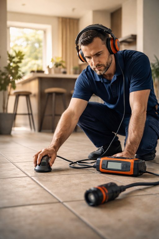 leak detection technician inspecting floor in Tucson home